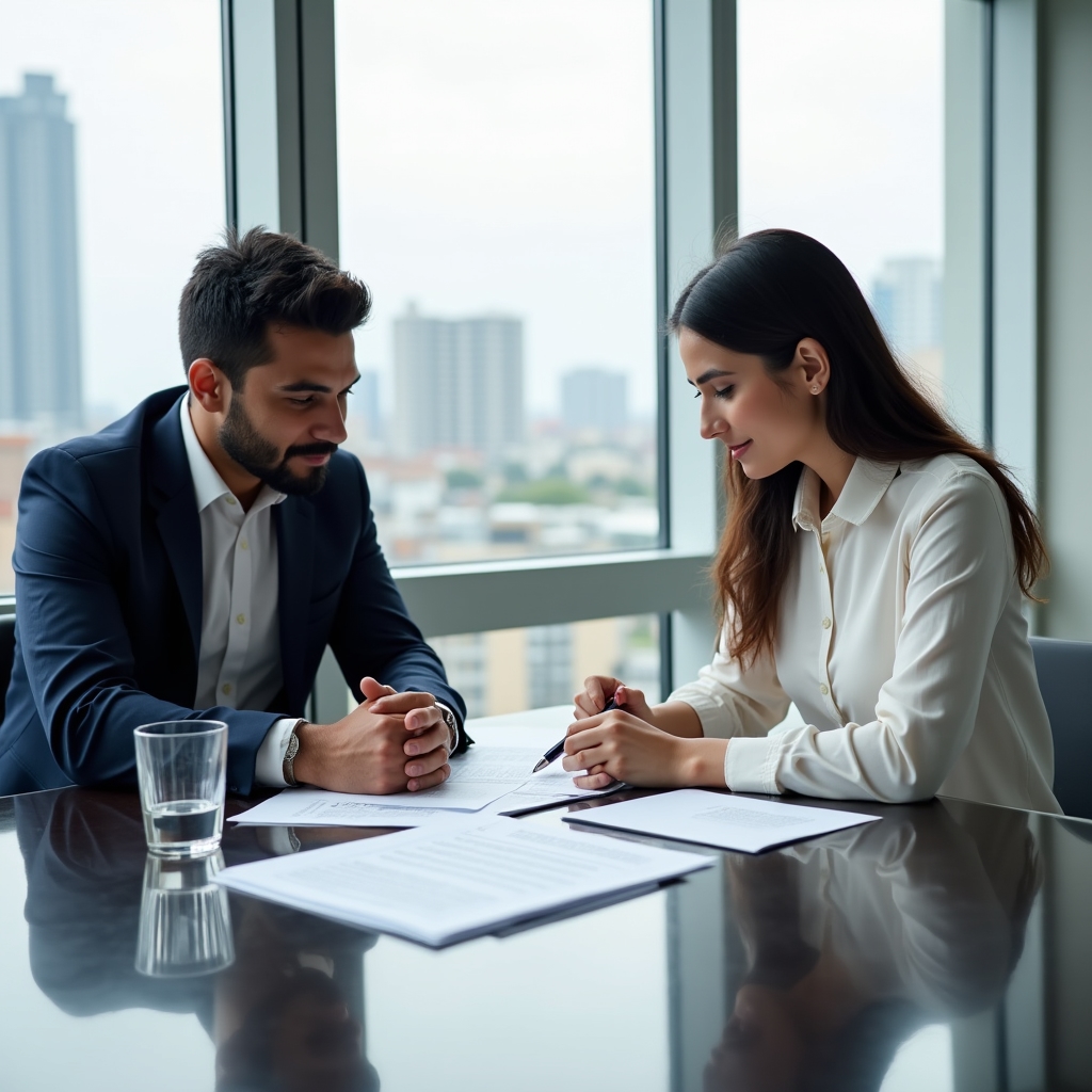 Two people reviewing a financial contract at a meeting table