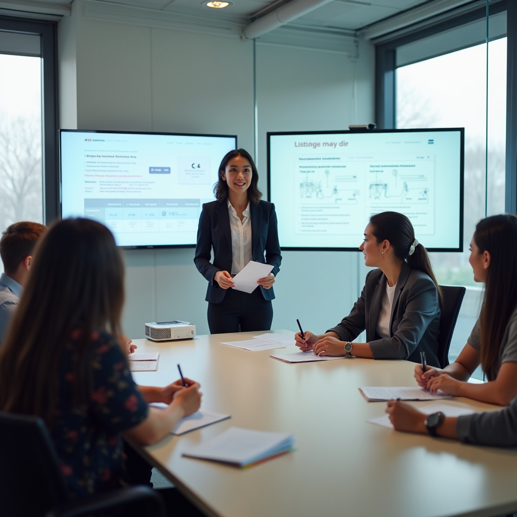 HR professional presenting financial onboarding materials to a small group of new employees