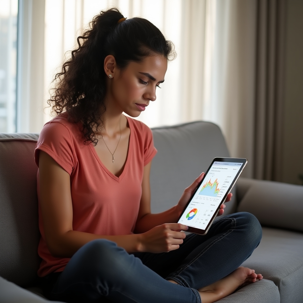 Young woman reading her credit report on a tablet