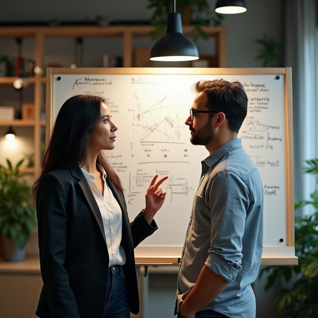 Team discussing financial education content in a collaborative workspace