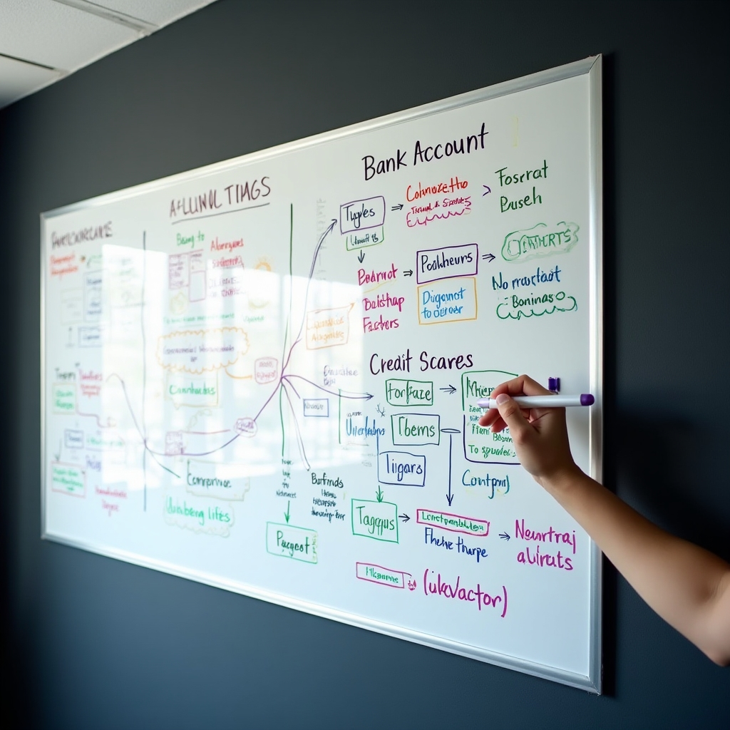 Financial concepts mapped on a whiteboard with color-coded connections