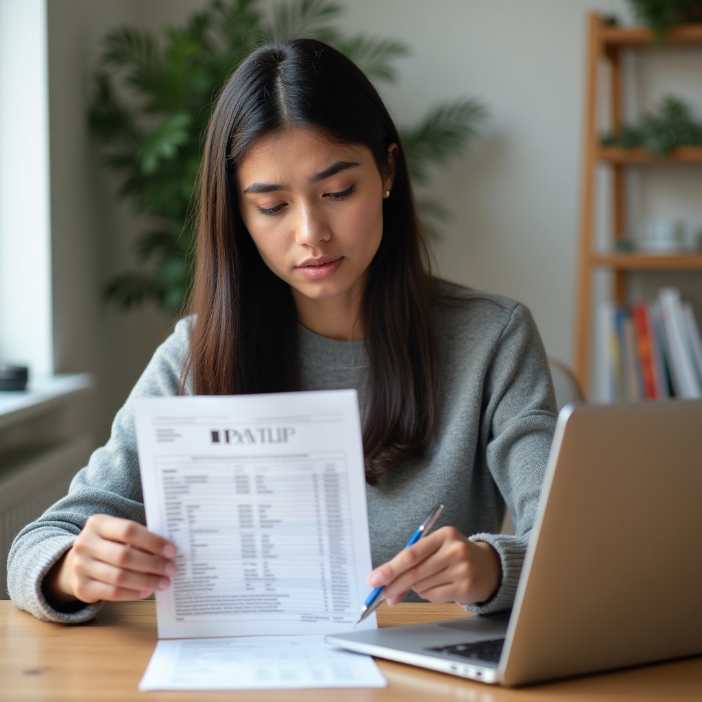 Person examining a payslip at a desk with a laptop nearby