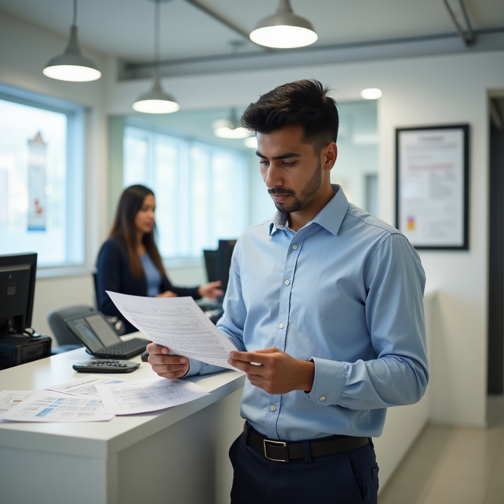 Young Mexican professional reviewing documents at a bank branch
